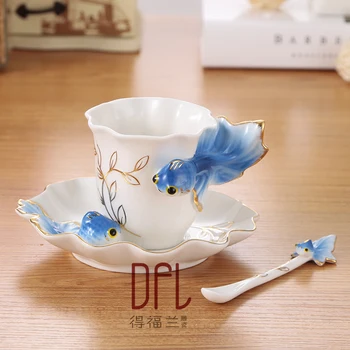 

Enamel coffee mugs goldfish cups and mugs with saucer spoon creative home office drinkware friend gifts