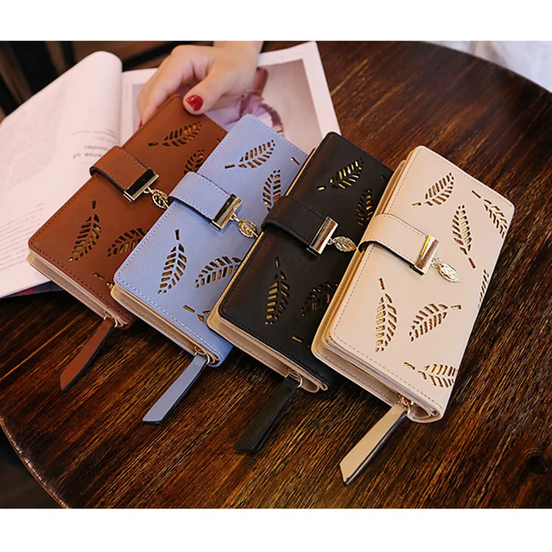 Wallet Women Fashion Women PU Leather Wallet Purse Card Holders Hollow Leaves For Coins Money carteira Porte Feuille Femme