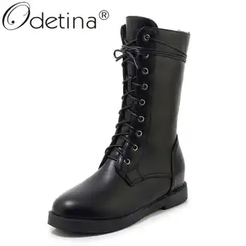 

Odetina Women Fashion Solid Winter Flat Heel Mid Calf Boots Casual Ladies Lace Up Combat Boots Round Toe Cross-Tied Big Size 43