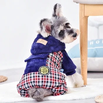 

Plaid Pocket Snow Dog Clothes Blue Orange Windproof Hooded Four-Legged Cotton Pet Down Jackets Winter Pugs Warm Cat Accessories