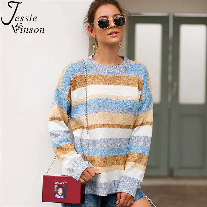 

Jessie Vinson Casual Loose Oversize Crew Neck Striped Thick Pullover Sweater Women Knitted Jumper Autumn Winter Tops Knitwear