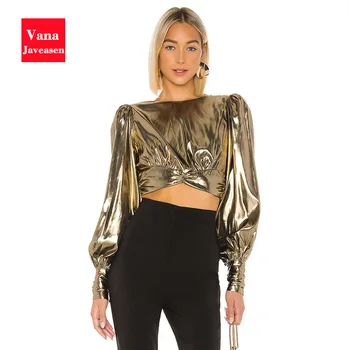 

Golden Satin Sexy Backless Blouse Womens Tops Lantern Sleeve Short Blouses Backless Bow Tie Blouse Office Ladies Streetwear