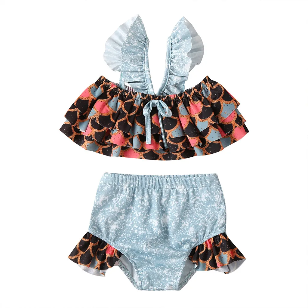 

2020 New Swimsuit Children Sleeveless Sling Bikini Fish Scales Frill Frilled Ruffle Split Retractable Fashionable Swimsuit L1216