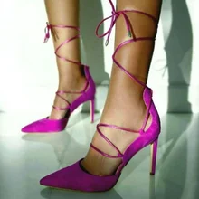 

Hot Selling Purple Suede Ankle Wrap Shoes Pointed Toe Cross Strap Cut-out Dress Shoes Stiletto Heels Party Shoes Size 42
