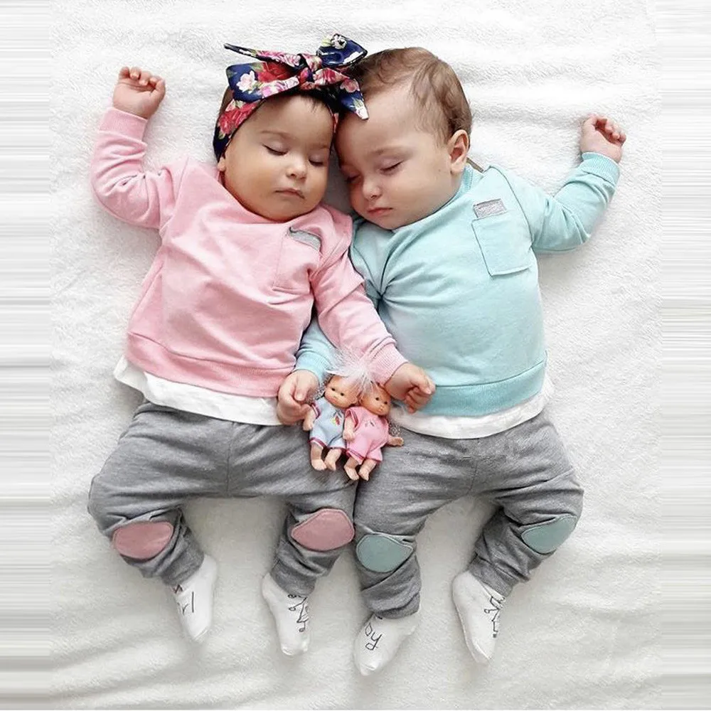 Модная Осенняя хлопковая футболка унисекс для новорожденных мальчиков и девочек топы+ штаны комплект одежды из 2 предметов