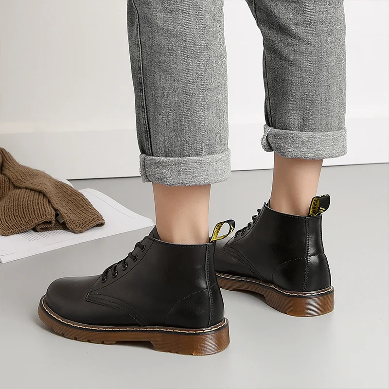 Ceny 2019 botki damskie zimowe oryginalne skórzane sznurowane damskie buty do pracy okrągłe Toe jesienne buty czarne kobiece moda utrzymuj ciepło