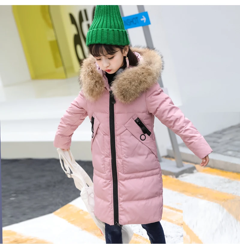 Длинные Детские Пуховые Пальто Зимние пуховики для девочек с меховым воротником, модные плотные однотонные куртки, размер 120-160