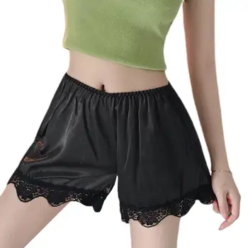 

Women Imitation Silk Loose Safety Shorts Sleep Lounge Slip Bloomer Pants Floral Lace Trim Solid Color Pettipants Split Skirt