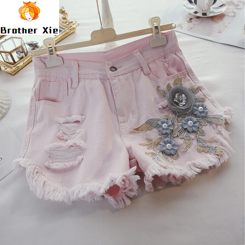

Denim Pink Shorts Women New Industrial Stereo Flower Frayed Denim Shorts 2020 Summer New Loose Jean Pants Slimming Whot Pants