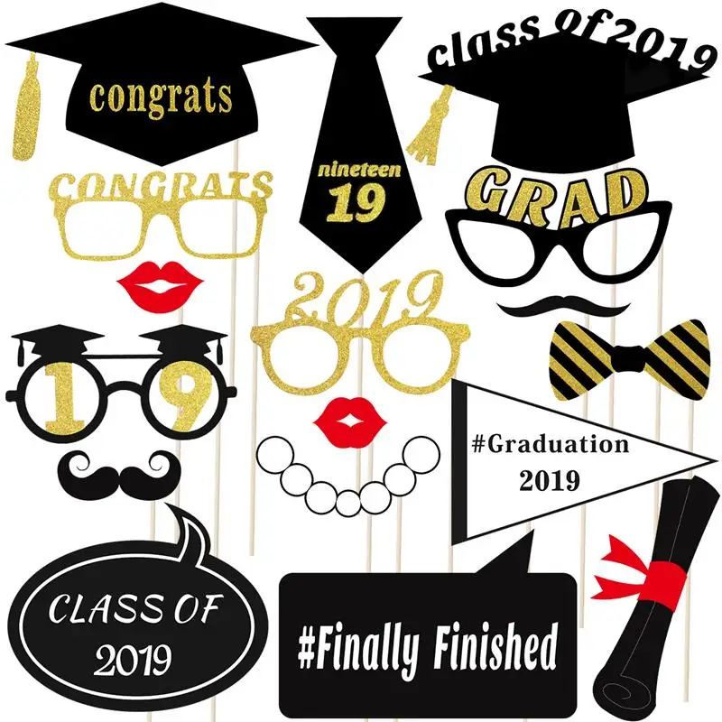 

18PCS 2019 Graduation Party Photo Booth Props Kit Glitter Photo Props for Graduation Favors