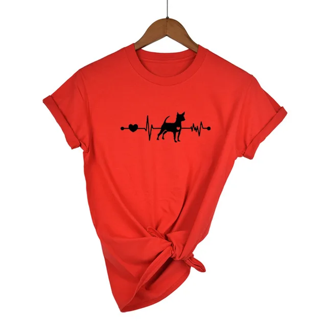 Сердцебиение собака породы чихуахуа влюбленные девушки подарок футболка сердцебиение лапы собаки футболка для женщин короткий рукав хлопок футболки харадж - Цвет: Red-B