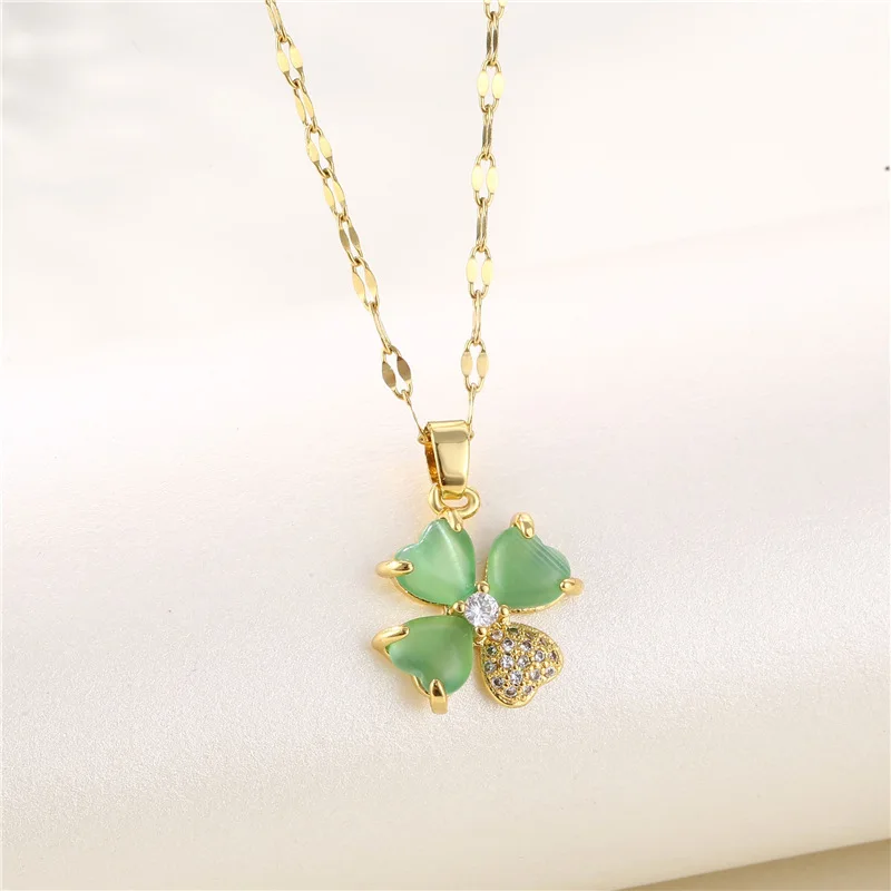 New Mint Green Heart Lucky Flower Clavicle Chain Necklaces For Women Elegant Gold Color Stainless Steel Female Choker Necklace | Украшения