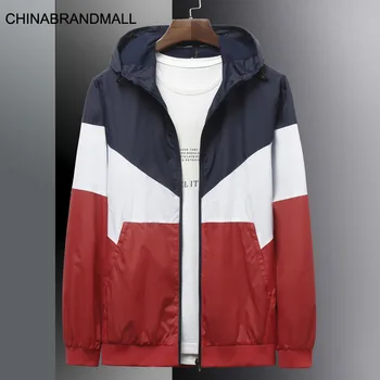 

Autumn Men Youth Fat Man Plus Fat Plus Size Leisure Spell Color With Cap Coat Thin Windbreaker Super