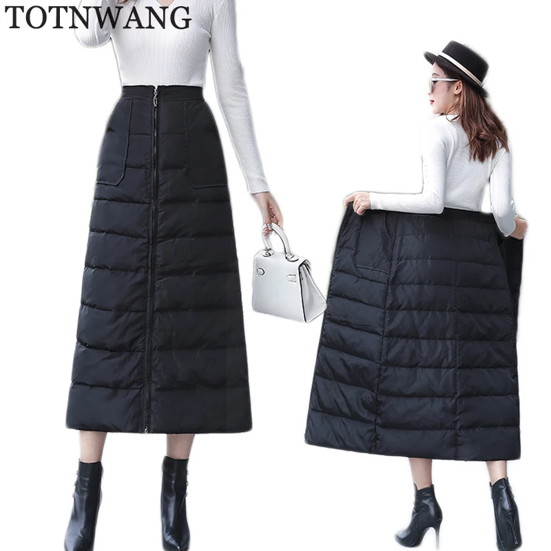 

TOTNWANG Women Black Plus Size Down Skirt Winter Elegant Warm Thicker High Waist A-Line Skirt Slim Button Zipper Skirts Female
