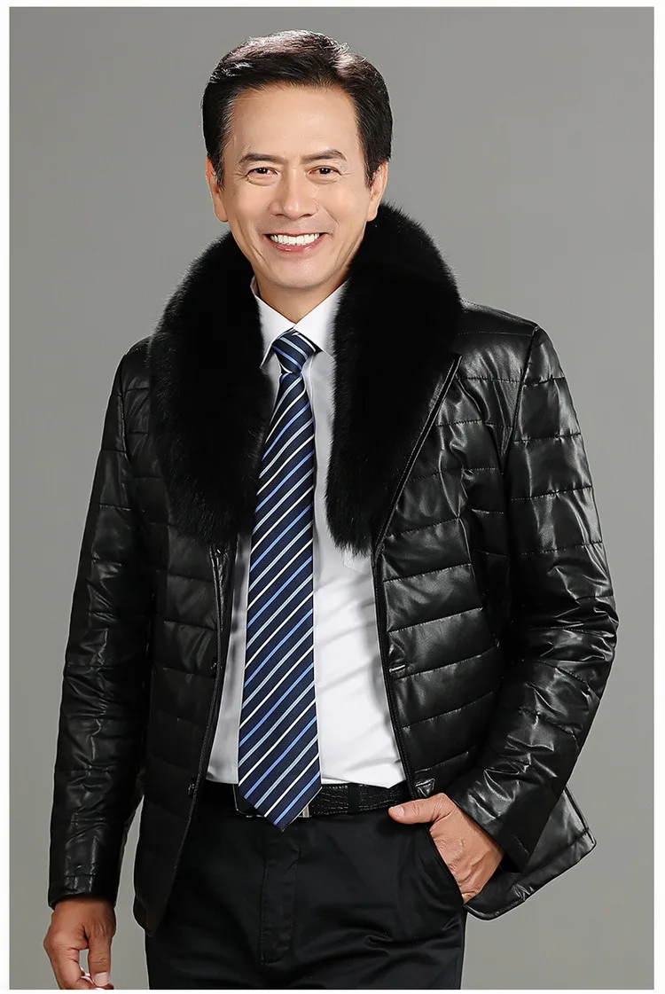 Winter Middle-aged MEN'S Leather Coat Sheep Leather down Jacket Men's Thick Slim Fit Fox Fur Collar MEN'S Coat