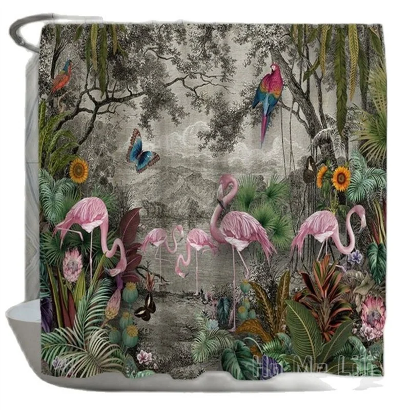 

Jungle By Ho Me Lili Shower Curtains Whimsical Tropic Setting Colorful Animals Old Style Waterproof Fabric Bathroom Decor