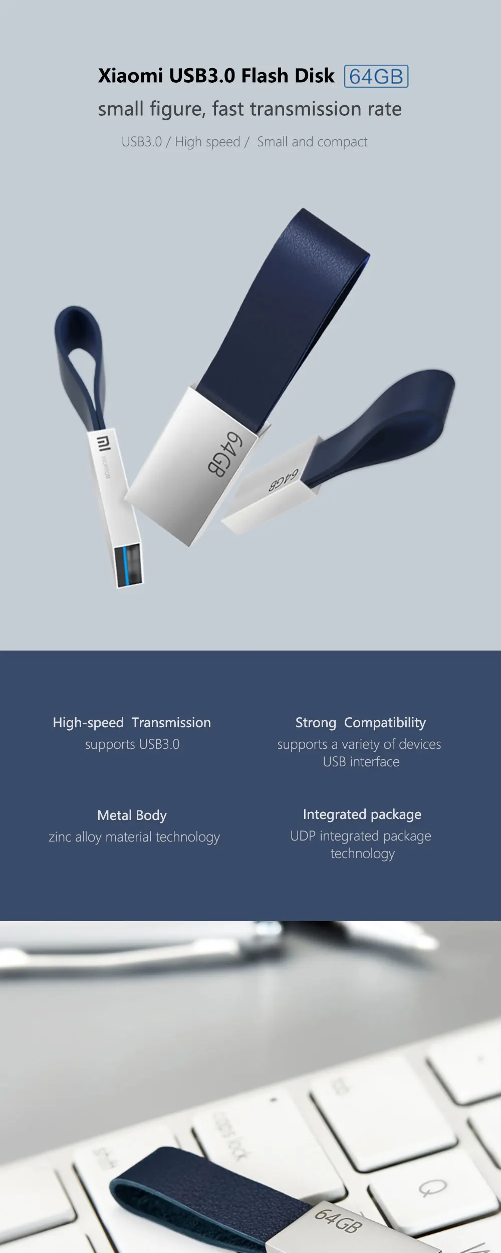 Xiaomi USB3.0 64GB USB флэш-накопитель высокоскоростной передачи mul-ticompatibility металлический корпус с подвесным кабелем портативный