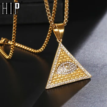 

HIP Hop Bling Iced Out Masonic Illuminati Eye Pendants Gold Color Triangle Stainless Steel Pyramid Necklaces for Men Jewelry