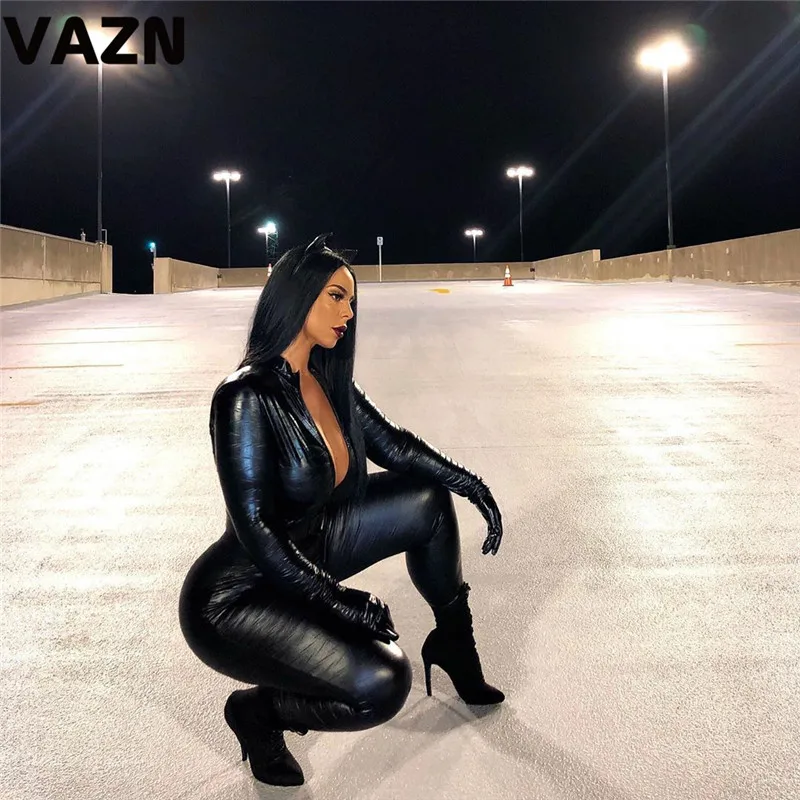 VAZN autumn holiday solid Elastic skinny long jumpsuits women casual long sleeve v-neck jumpsuits women bandage jumpsuits