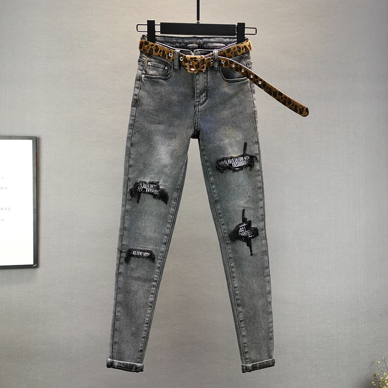 Stretch Jeans Woman 2020 Spring Autumn New Ripped High-Waist Slim-Fit Tight-Fit Denim Pencil Jeans Women's Smoke Gray Jeans Jean