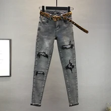 Stretch Jeans Woman 2020 Spring Autumn New Ripped High-Waist Slim-Fit Tight-Fit Denim Pencil Jeans Women's Smoke Gray Jeans Jean