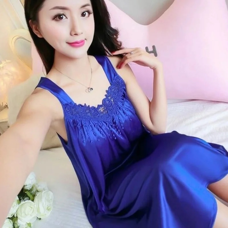 Oversize 4XL Lace Patchwork Ice Silk Satin Night Dress Smooth Nightwear Sexy Women Sleepwear Summer Sleeveless Nightgown Vestido