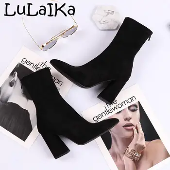 

2020 Fashion Autumn Winter Women Black Solid Color Ankle Sock Boots Chunky High Heels Pointed Toe 8.5 Cm Size 35-39