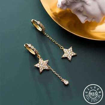 

925 Sterling Silver Cubic Zircon Star Shape Gold Color Plated Ear Rings Asymmetrical Statement Hoops Earrings Jewelry for Women