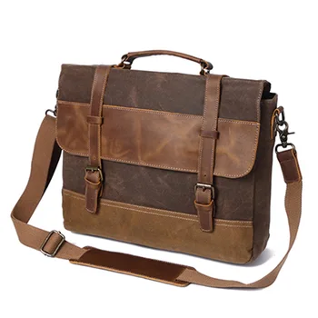 

Mens Messenger Bag Waterproof Waxed Canvas Briefcase Large Satchel Shoulder Bag Leather style Computer Laptop Bag