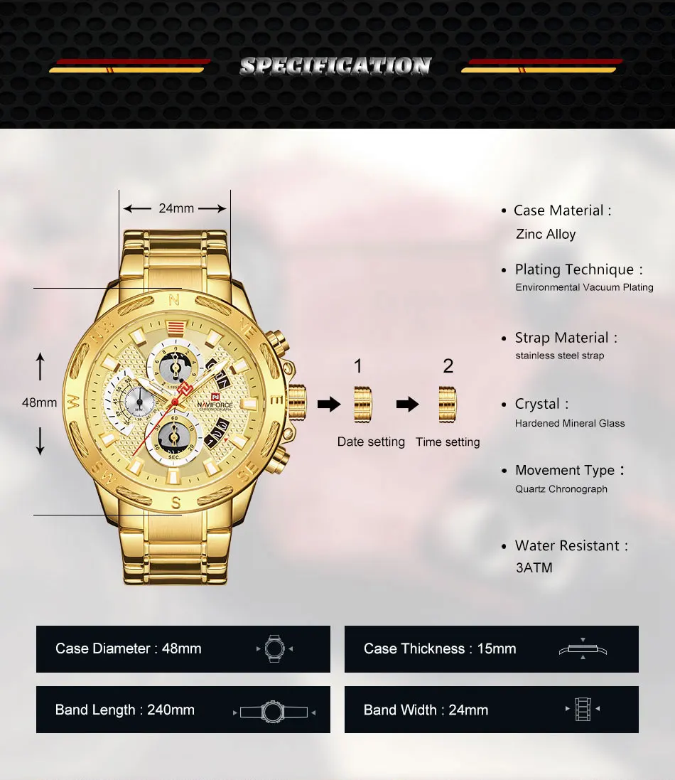 NAVIFORCE мужские часы Спортивные Хронограф Бизнес Мужские наручные часы лучший бренд класса люкс Военная нержавеющая сталь кварцевые мужские часы 9165