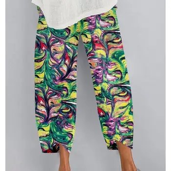 

Womens Lightweight Summer Casual Soft Linen Irregular Hem Pants Pattern Printing Elastic Waist Two Pockets Plus Size Trousers