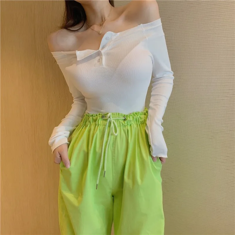 

Korean Fashion Knitted Tops Women Casual Solid Color Long Sleeve T Shirt Spring Autumn Sexy Slash Neck Shirt