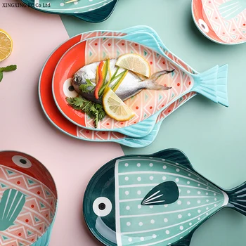 

200ml Cartoon Colorful Fish Ceramic Bowl Plate 6 Inch Creative Green Fish Plate Dining Table Fish Plate Household Cute Tableware