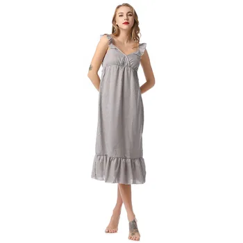 

Fresh Princess Retro Palace Sexy Backless Ruffled Nightdress Ladies Cotton Gray Sling V-neck Summer Sleepwear Nighties for Women