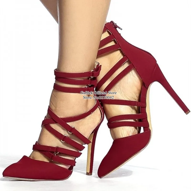 maroon strappy heels