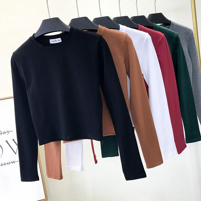 Sexy Black Cotton Large Sizes Womens Clothing O-Neck Long Sleeve Navel Autumn Base Womens Clothing Fashion Casual Ropa Mujer