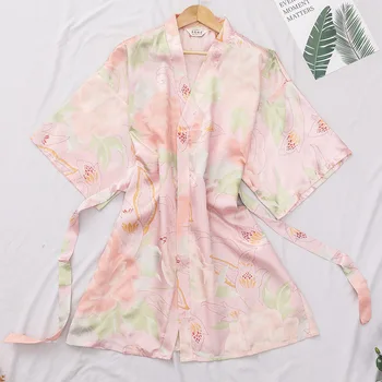 

Satin Print Flower Women Kimono Gown Robe Sexy Loose Half Sleeve Bathrobe Sleepwear Lounge Rayon Intimate Lingerie Nightgown