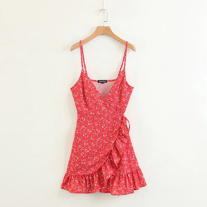 

2018 Spring And Summer Europe And America WOMEN'S Dress Floral-Print Flounced Strapped Dress Short Skirt 8508