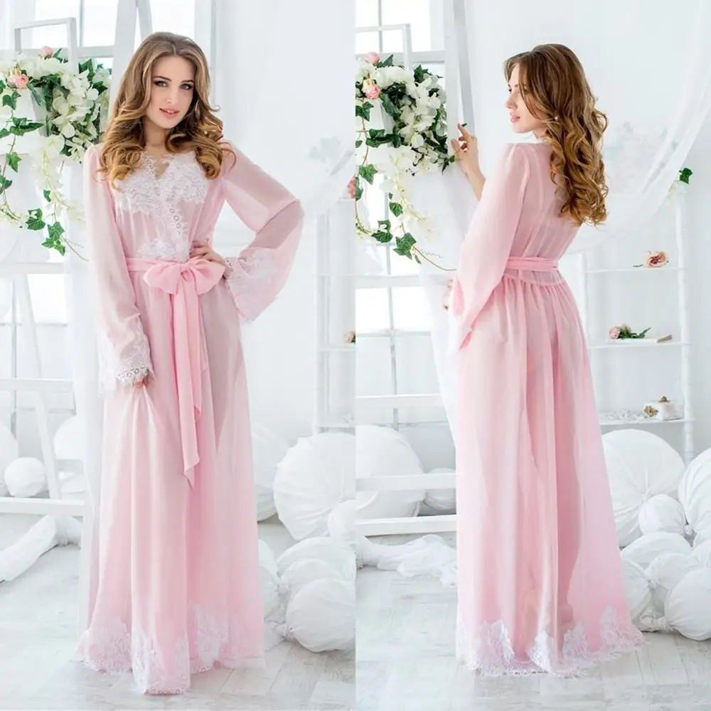 

Elegant Pink Women Bathrobes Silk V Neck Ladies Winter Long Sleeve Appliques Kimono Pregnant Party Sleepwear Nightgown Robes