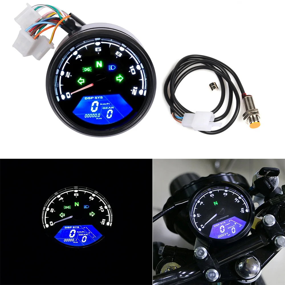 PACEWALKER Motorcycle RPS Hawk Digital Speedometer Odometer Backlight Blue with Turn Signals High Beams Fuel Level Low Fuel Level Gear Indicator N, 1-5 