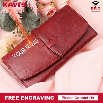 

KAVIS Name Engaving Genuine Leather Women Wallet Long Cowhide Multiple Cards Holder Clutch Female Purse Standard Wallets Fashion