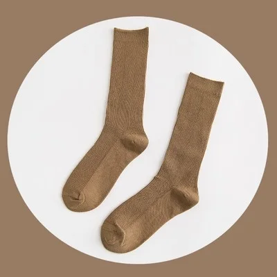CHAOZHU  Japanese Korea High School Girls High Socks Loose Solid Colors Double Needles Knitting Cotton Long Socks Women Light Coffee