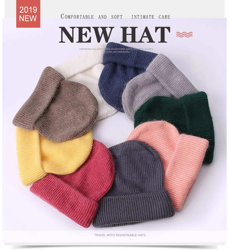 Женская шапка из кроличьей шерсти для девочек, вязаные шапки бини, шапка осень и зима, теплые одноцветные натуральные Полосатые Шляпы для улицы