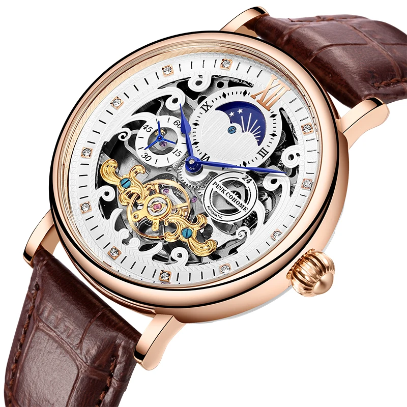 Tourbillon Skeleton Watch Automatic Men Mechanical Wristwatch Big Size Timepiece Male Luxury Chronograph Moon Phase Clock Uhr