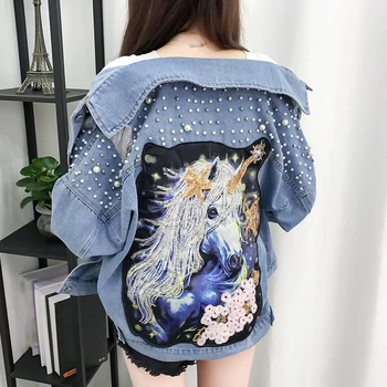 

New Beaded Sequins Hole Loose Casual Denim Jacket Cartoon Print Female Student Jacket 2018 New Autumn and Winter