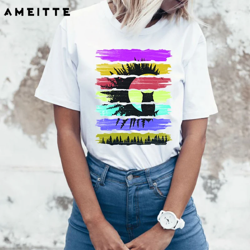 AMEITTE 2019 Forest art owl/hedgehog/fox design tshirt women's mountains Nature animals camping t-shirt summer outdoor hike tops | Женская