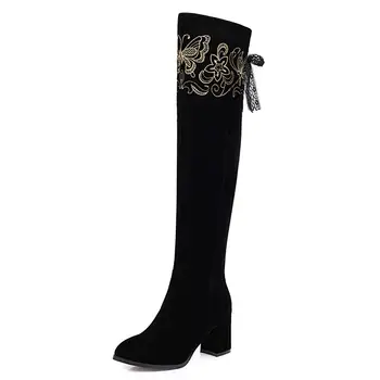 

Horseshoe Heel Frosted Velvet Embroidered Over-The-Knee Boots Side Zipper Lace High-Heeled Long Women's Boots Plush Thermal Shoe