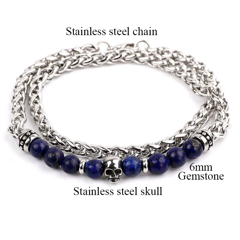 2020 New Design Men Bracelet Stainless Steel Chain Skull Natural Stone Bracelet Men Jewelry Gift