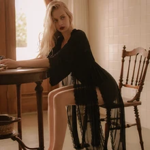 Летняя Сексуальная кружевная Женская длинная ночная рубашка с длинным рукавом, халат, костюм белого и черного цвета, банный халат, комплект ночного белья для женщин