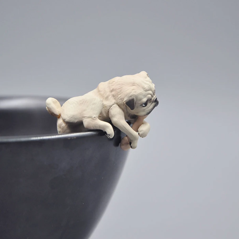 Realistic Mini Pug Dog Figurine Hanging Cup Rim DIY Fairy Garden Decoration